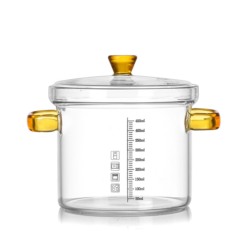 Oală din sticlă borosilicată cu scară, vas pentru lapte și aburitor de ouă, oală de supă cu mâner dublu pentru flacără deschisă