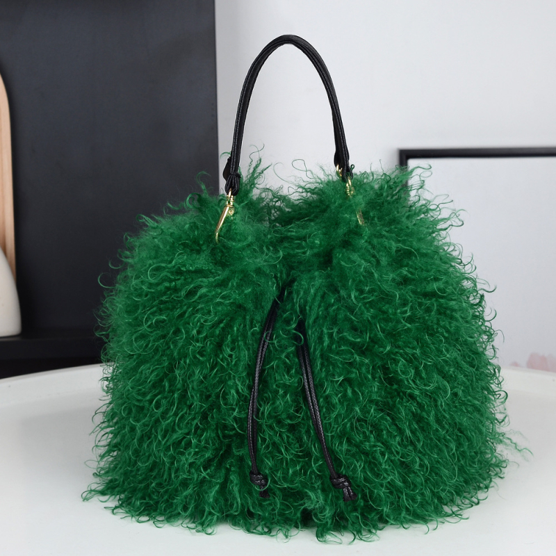 Ženska bucket torba od pliša s resicama od lažne ovčje kože, ručna drška, urban minimalistički stil, zatvaranje šnira