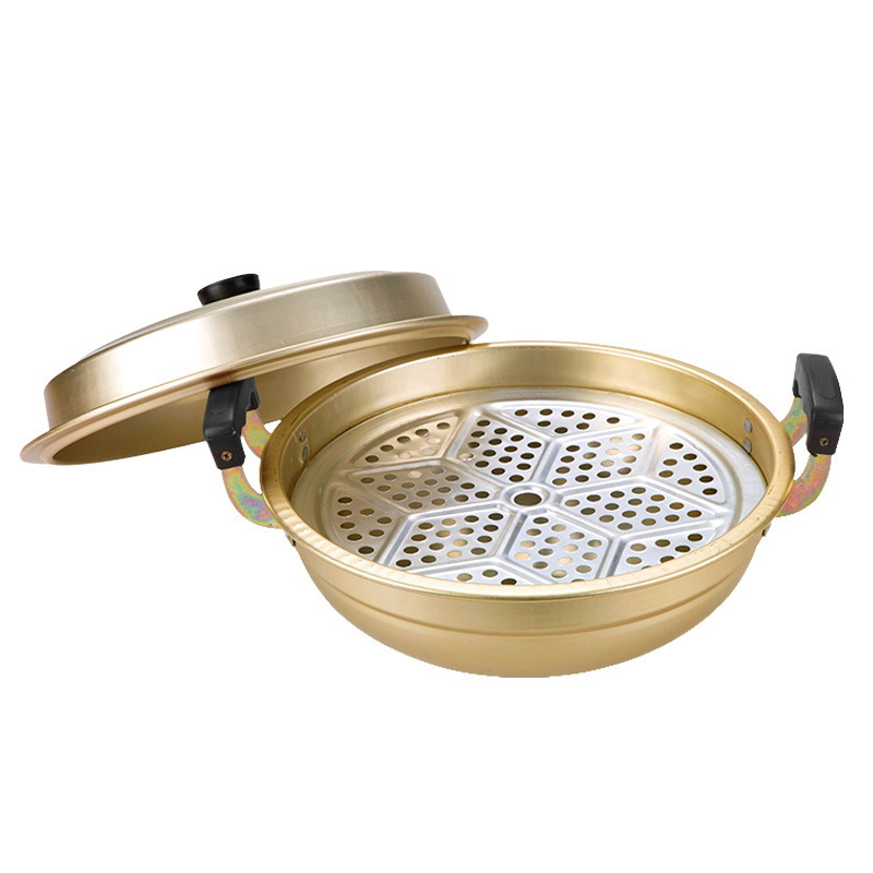 Wok din aluminiu cu mânere duble, oală cu fund rotund pentru aburi, oală de supă din aluminiu – utilizare dublă pentru aburire și gătit
