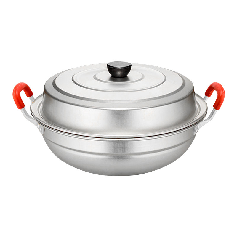 Wok din aluminiu cu mânere duble, oală cu fund rotund pentru aburi, oală de supă din aluminiu – utilizare dublă pentru aburire și gătit