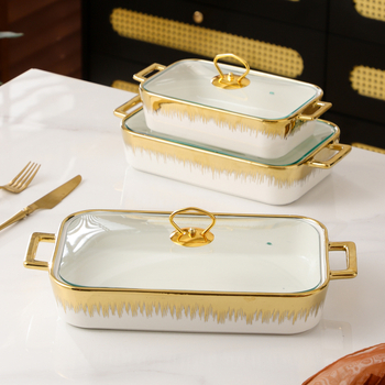 Set ceramic pentru copt, negru-alb cu aurire, dreptunghiular, două mâner, cadru din fier în stil nordic