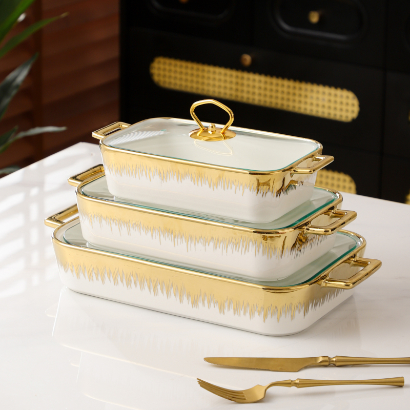 Set ceramic pentru copt, negru-alb cu aurire, dreptunghiular, două mâner, cadru din fier în stil nordic