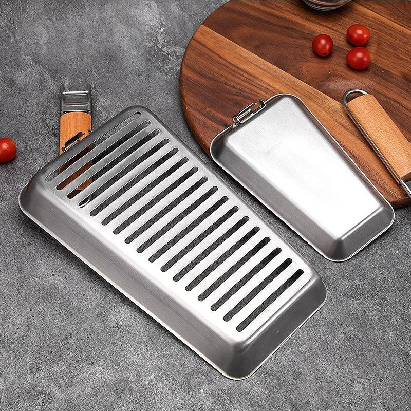 Tigaie/grill pătrat din oțel inoxidabil, perforat, îngroșat - set de patru piese pentru grătarul de legume, în aer liber