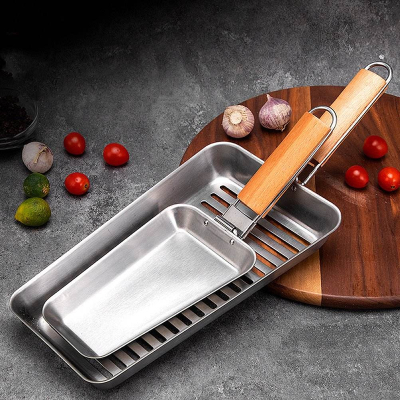 Tigaie/grill pătrat din oțel inoxidabil, perforat, îngroșat - set de patru piese pentru grătarul de legume, în aer liber