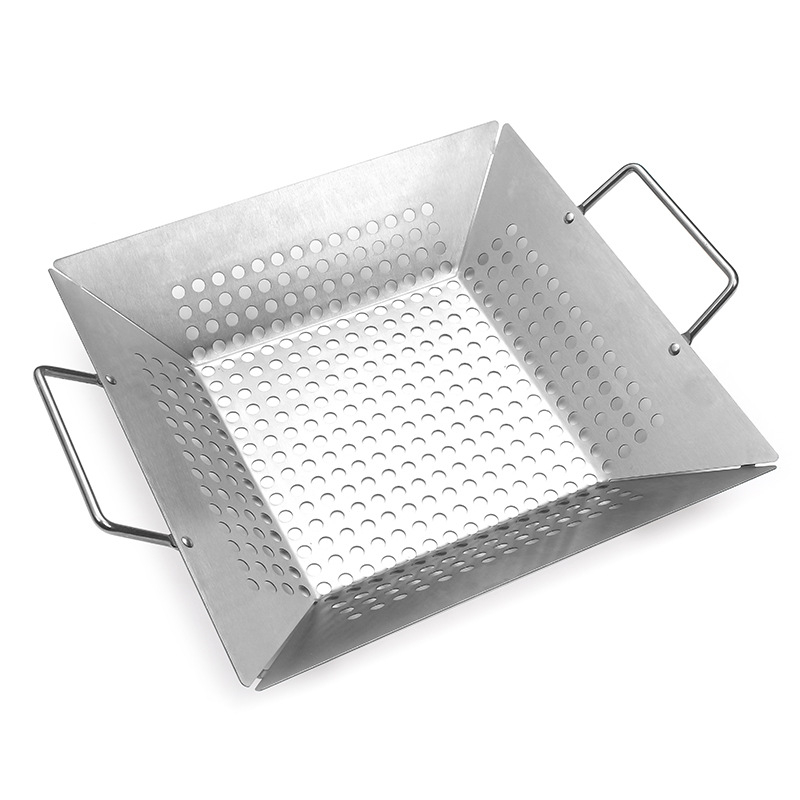 Tigaie/grill pătrat din oțel inoxidabil, perforat, îngroșat - set de patru piese pentru grătarul de legume, în aer liber