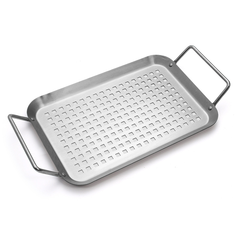 Tigaie/grill pătrat din oțel inoxidabil, perforat, îngroșat - set de patru piese pentru grătarul de legume, în aer liber