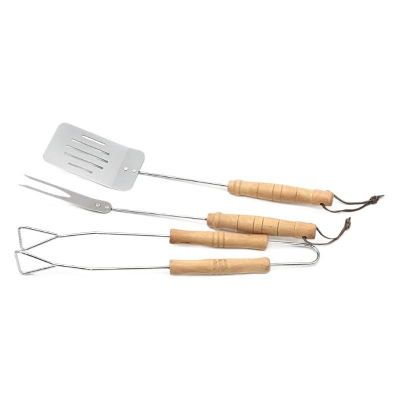 Set de grătar exterior, trei piese, mâner din lemn, din oțel inoxidabil: clește, furculiță și spatulă