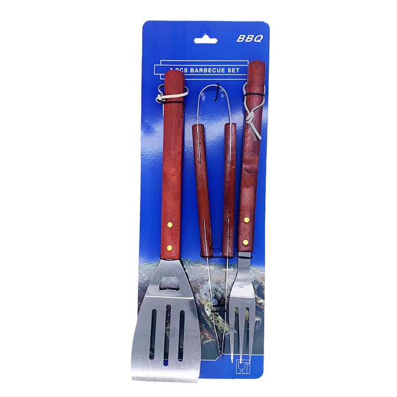 Set de 3 piese pentru grătar din oțel inoxidabil cu mânere din lemn