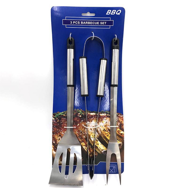 Set de 3 piese pentru grătar din oțel inoxidabil cu mânere din lemn