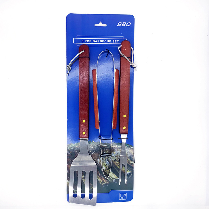 Set de 3 piese pentru grătar din oțel inoxidabil cu mânere din lemn