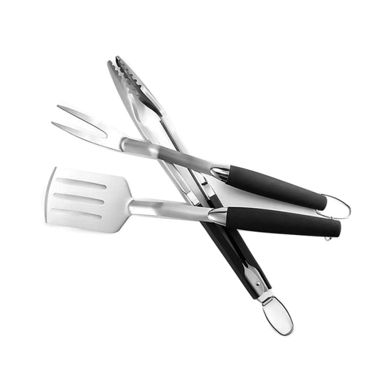 Set de ustensile pentru grătar din oțel inoxidabil, trei piese: clește, spatulă și furculiță pentru gătit în aer liber