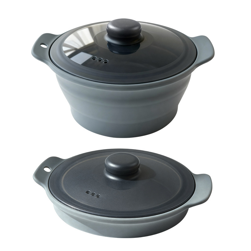 Oală de aburi pliabilă din silicon alimentar, vas pentru supă, cu capac, pentru microunde și friteuză cu aer