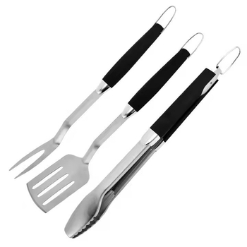 Set de unelte pentru grătar din oțel inoxidabil, 3 piese: furculiță pentru grătar, clește pentru grătar și spatulă pentru grătar