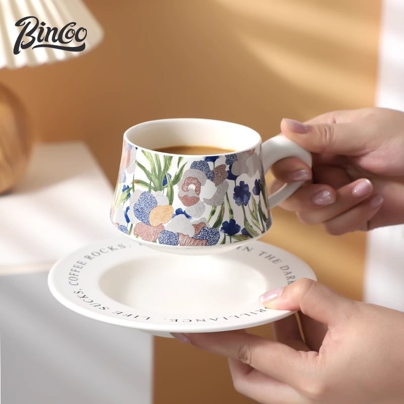 Bincoo Iris Set cești de cafea cu farfurioară, ceramică pentru ceaiul de după-amiază franțuzesc, cadou