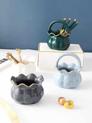 Coș ceramic creativ pentru depozitare, borcan de depozitare pentru furci de fructe, veselă în stil lux lejer, set de linguri pentru desert din oțel inoxidabil