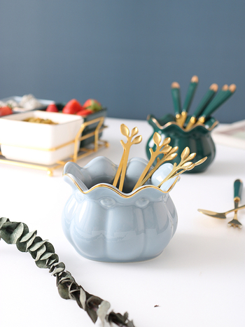 Coș ceramic creativ pentru depozitare, borcan de depozitare pentru furci de fructe, veselă în stil lux lejer, set de linguri pentru desert din oțel inoxidabil