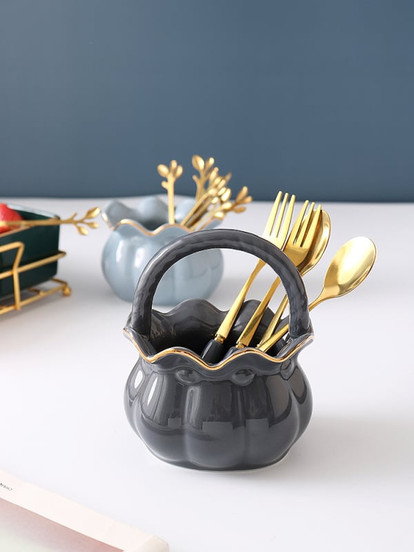 Coș ceramic creativ pentru depozitare, borcan de depozitare pentru furci de fructe, veselă în stil lux lejer, set de linguri pentru desert din oțel inoxidabil