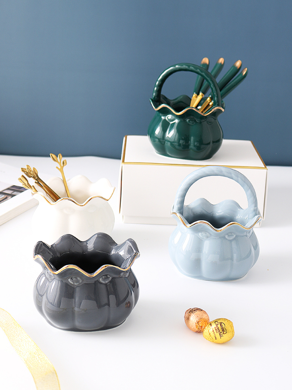 Coș ceramic creativ pentru depozitare, borcan de depozitare pentru furci de fructe, veselă în stil lux lejer, set de linguri pentru desert din oțel inoxidabil