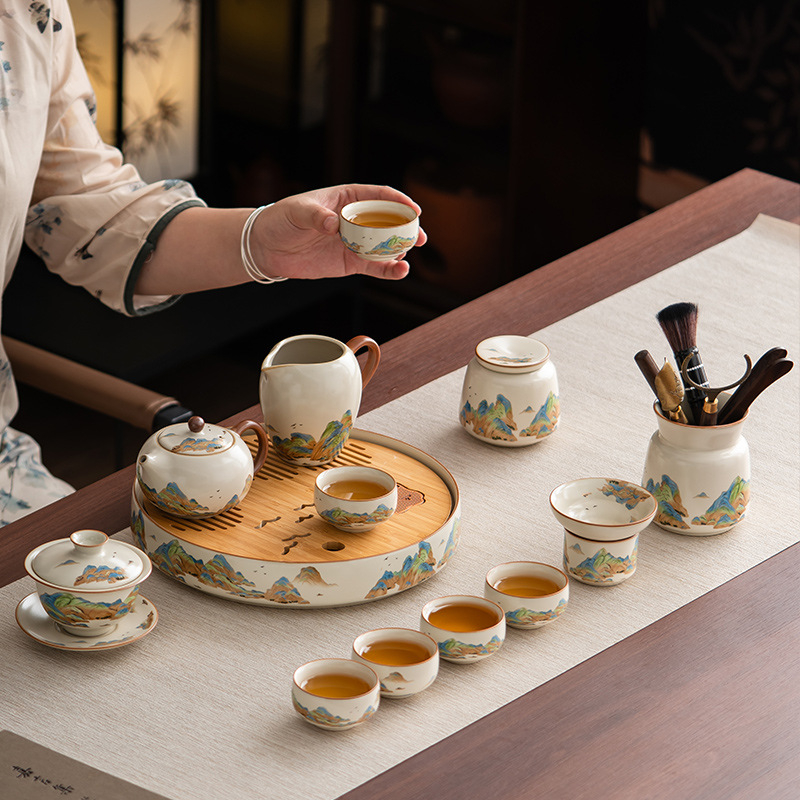 Set de ceai ceramic premium pentru casă și birou, include ceainic, bol cu capac și cești – set complet