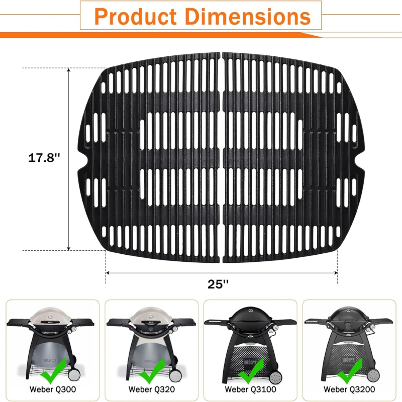 Grătar din fontă 7646, compatibil Weber Q3200/Q3100/Q3000, set de 2 bucăți