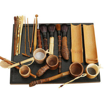 Set de ceai din bambus, stil chinezesc, lucrat manual – șase domni, ceașcă de ceai, perie de ceai, clips de ceai, accesorii ceremonie ceai