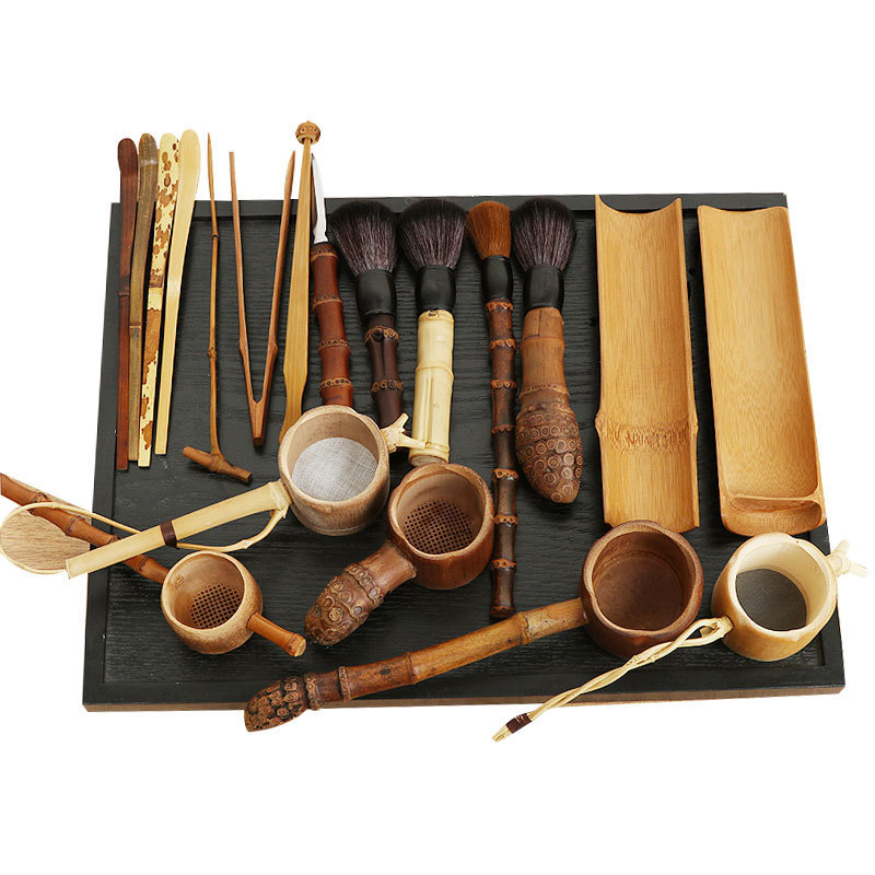 Set de ceai din bambus, stil chinezesc, lucrat manual – șase domni, ceașcă de ceai, perie de ceai, clips de ceai, accesorii ceremonie ceai
