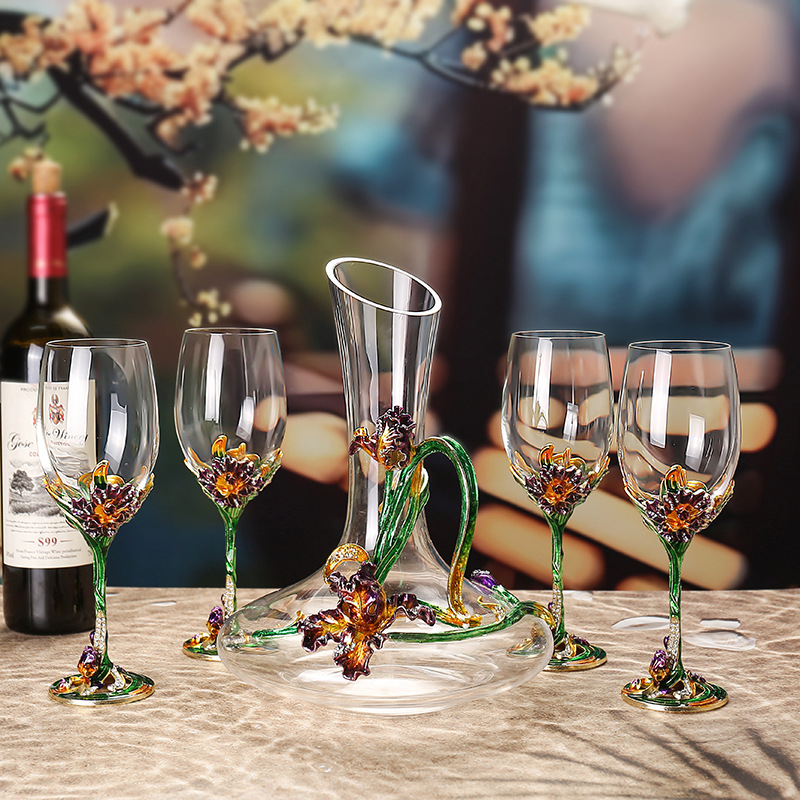 Pahare de vin roșu din cristal, email iris, picioare înalte, set cu decantor într-o cutie cadou (2 buc.)