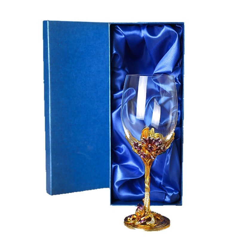 Pahare de vin roșu din cristal, email iris, picioare înalte, set cu decantor într-o cutie cadou (2 buc.)