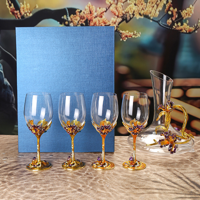 Pahare de vin roșu din cristal, email iris, picioare înalte, set cu decantor într-o cutie cadou (2 buc.)