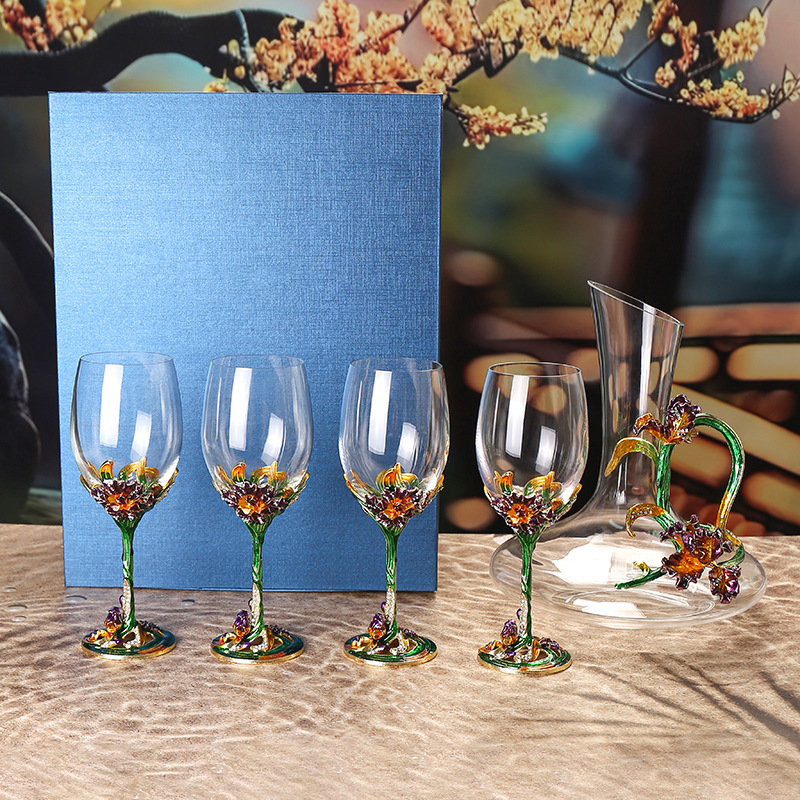 Pahare de vin roșu din cristal, email iris, picioare înalte, set cu decantor într-o cutie cadou (2 buc.)