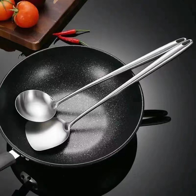 Spatulă din oțel inoxidabil cu mâner lung pentru gătit acasă, rezistentă la căldură pentru prăjit, lingură mare cu găuri, spatulă de bucătar
