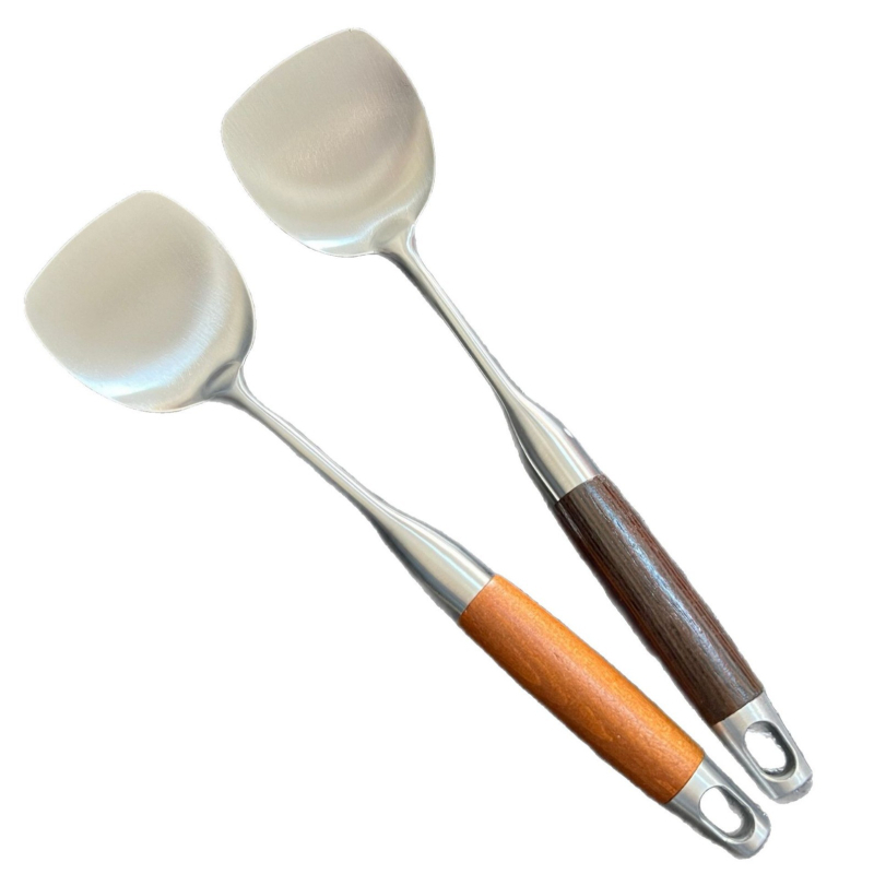 Spatulă din oțel inoxidabil, mâner din lemn de pere, ustensilă de bucătărie, mică dimensiune, pentru sotare