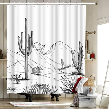 Draperie de duș în stil occidental, cu motif cactus aztec din desert, negru alb, decor baie, cu cârlige, impermeabilă