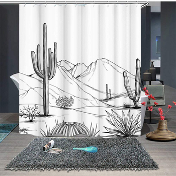 Draperie de duș în stil occidental, cu motif cactus aztec din desert, negru alb, decor baie, cu cârlige, impermeabilă
