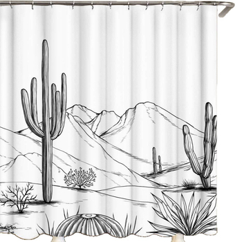 Draperie de duș în stil occidental, cu motif cactus aztec din desert, negru alb, decor baie, cu cârlige, impermeabilă