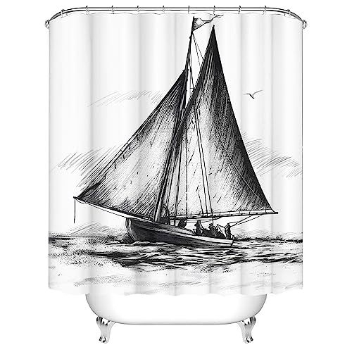 Draperie de duș în stil occidental, cu motif cactus aztec din desert, negru alb, decor baie, cu cârlige, impermeabilă