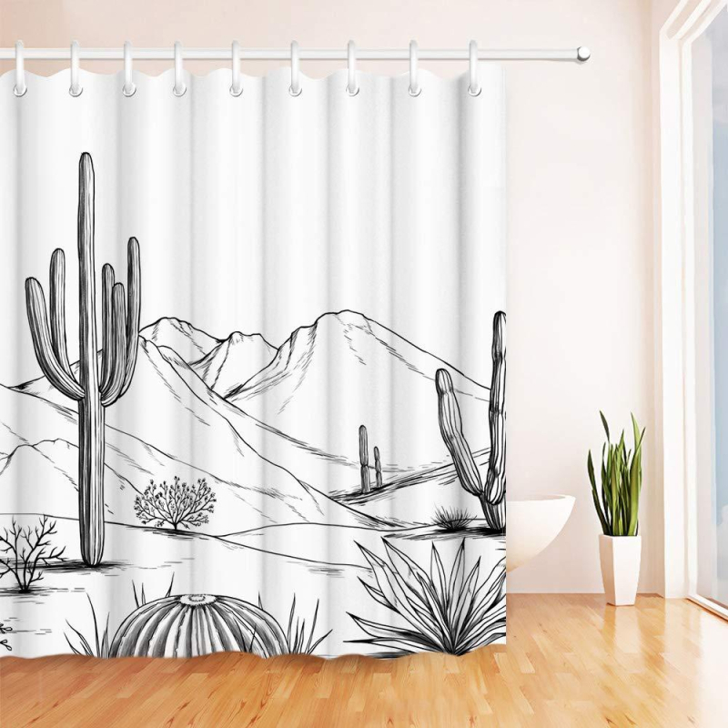 Draperie de duș în stil occidental, cu motif cactus aztec din desert, negru alb, decor baie, cu cârlige, impermeabilă