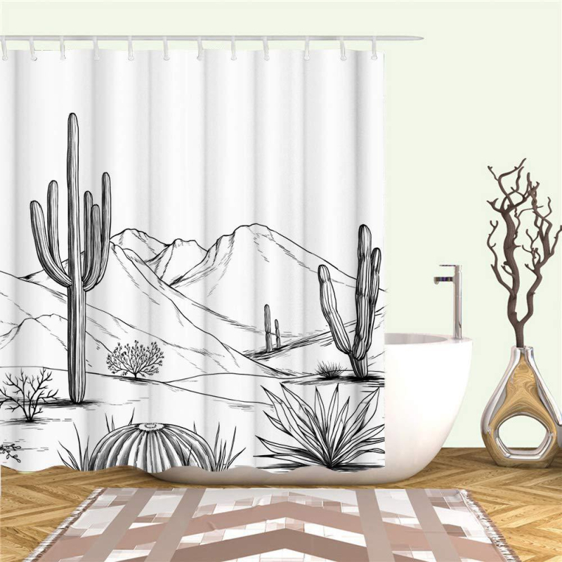 Draperie de duș în stil occidental, cu motif cactus aztec din desert, negru alb, decor baie, cu cârlige, impermeabilă