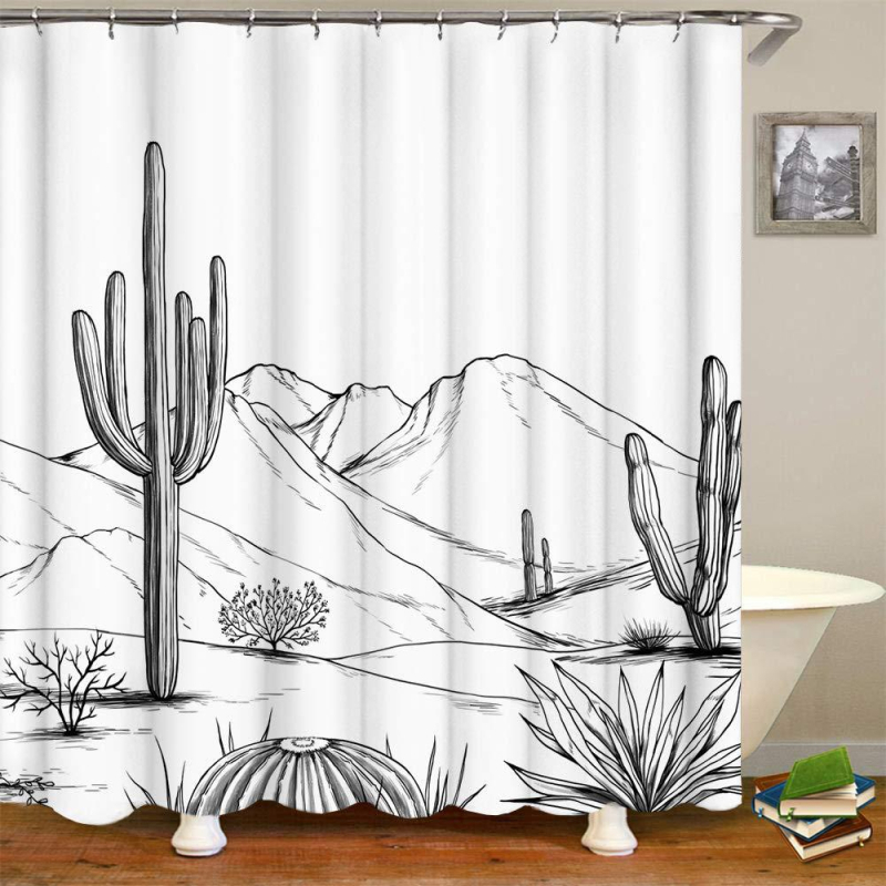 Draperie de duș în stil occidental, cu motif cactus aztec din desert, negru alb, decor baie, cu cârlige, impermeabilă