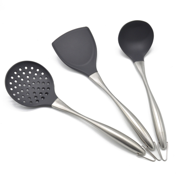 Set din siliconă pentru bucătărie, trei piese: spatulă antiaderentă, spatulă din oțel inoxidabil cu cap siliconat și lingură de supă