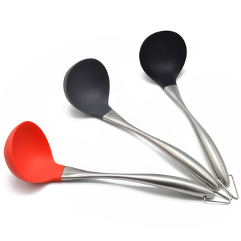 Set din siliconă pentru bucătărie, trei piese: spatulă antiaderentă, spatulă din oțel inoxidabil cu cap siliconat și lingură de supă