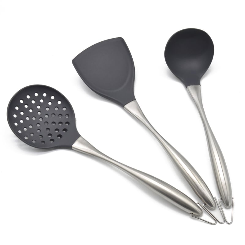 Set din siliconă pentru bucătărie, trei piese: spatulă antiaderentă, spatulă din oțel inoxidabil cu cap siliconat și lingură de supă