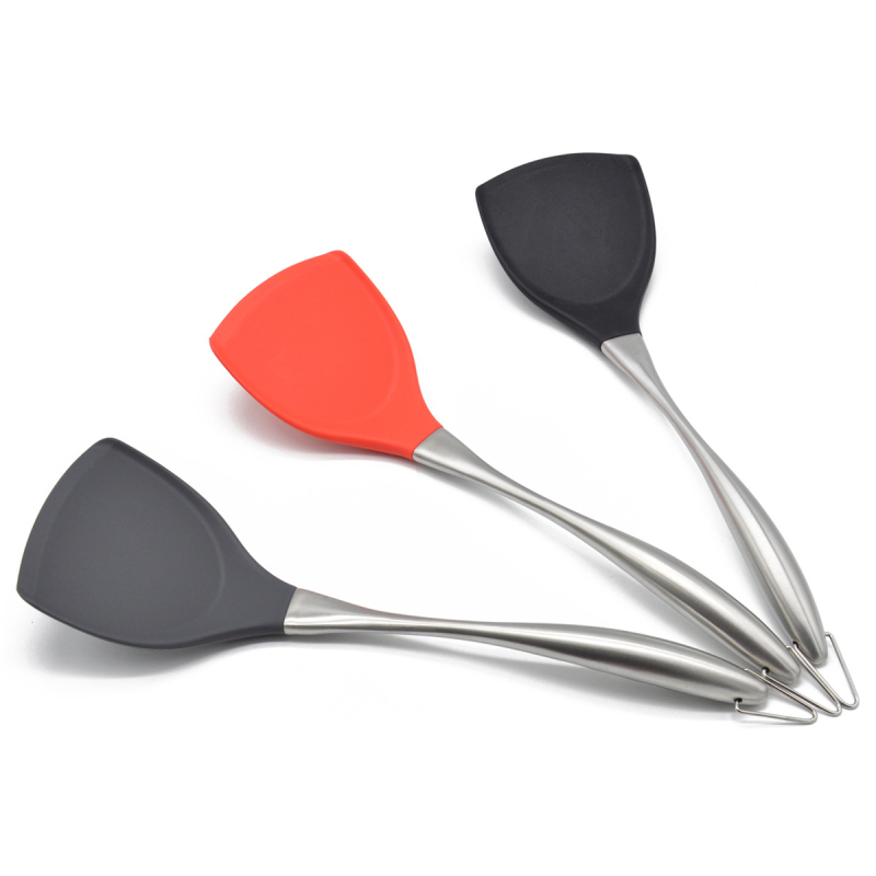 Set din siliconă pentru bucătărie, trei piese: spatulă antiaderentă, spatulă din oțel inoxidabil cu cap siliconat și lingură de supă