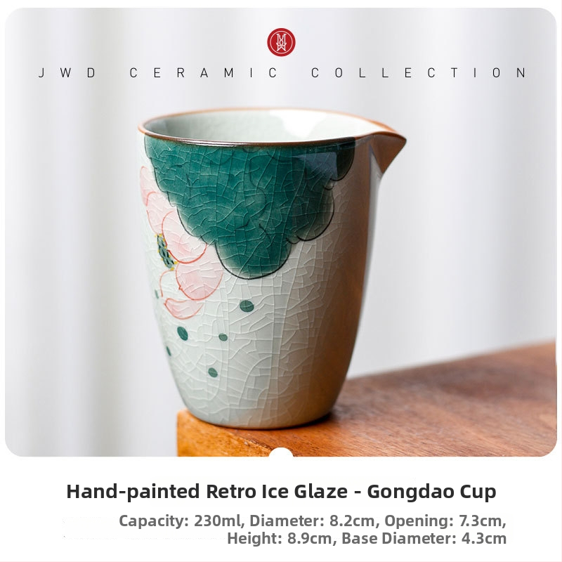 Gongfu čajová súprava s pohárom na rovnomerné dávkovanie (fairness cup), keramika, biela porcelán, ľadovo krystalová glazúra, motív lotosu, retro luxus
