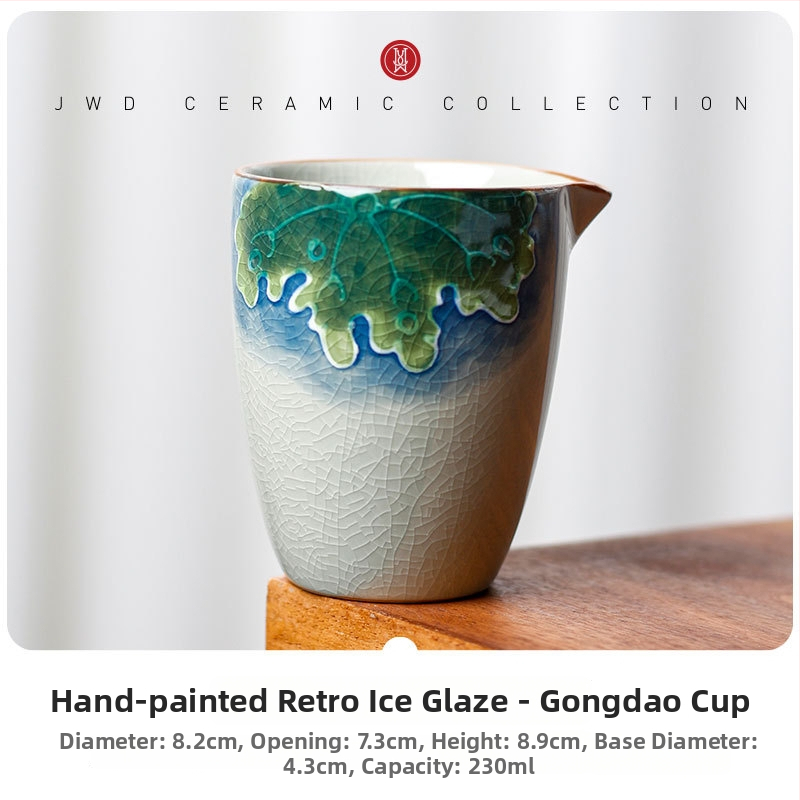 Gongfu čajová súprava s pohárom na rovnomerné dávkovanie (fairness cup), keramika, biela porcelán, ľadovo krystalová glazúra, motív lotosu, retro luxus