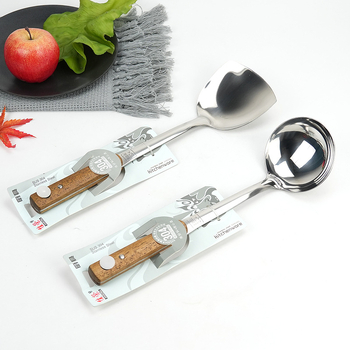 Set de ustensile de bucătărie din oțel inoxidabil 304, mâner din lemn: spatulă, lingură, strecurător, lingură de supă și lingură de servire a orezului