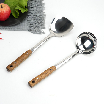 Set de ustensile de bucătărie din oțel inoxidabil 304, mâner din lemn: spatulă, lingură, strecurător, lingură de supă și lingură de servire a orezului