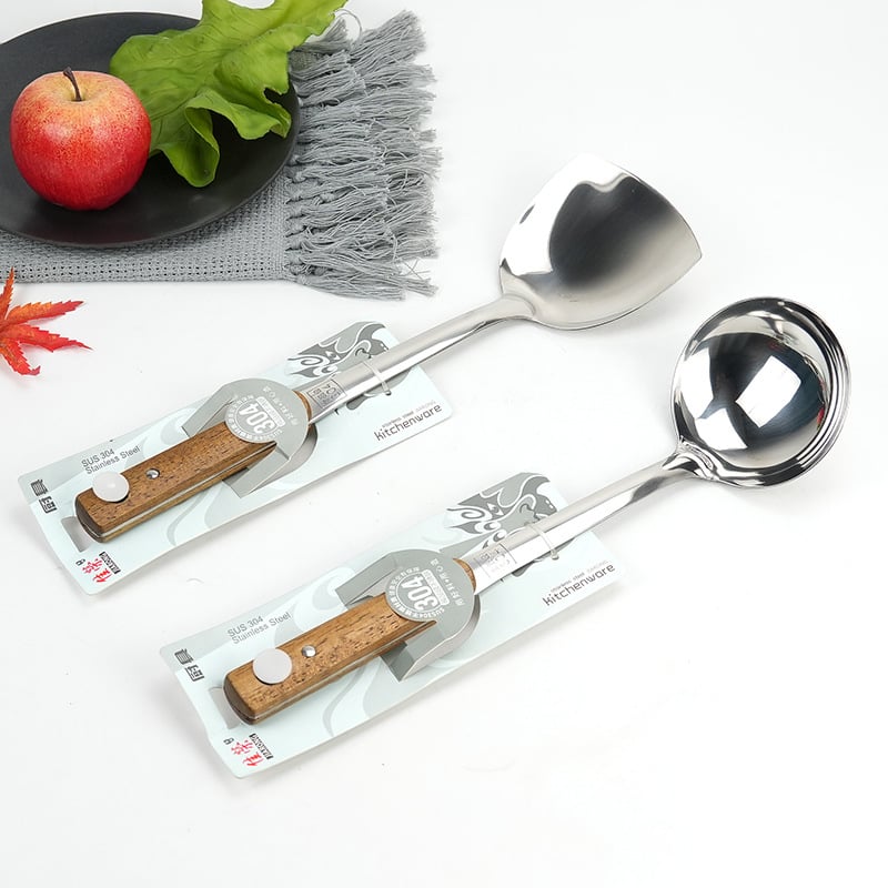 Set de ustensile de bucătărie din oțel inoxidabil 304, mâner din lemn: spatulă, lingură, strecurător, lingură de supă și lingură de servire a orezului