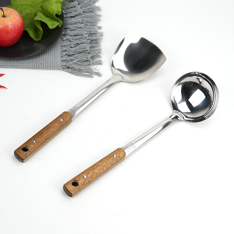 Set de ustensile de bucătărie din oțel inoxidabil 304, mâner din lemn: spatulă, lingură, strecurător, lingură de supă și lingură de servire a orezului