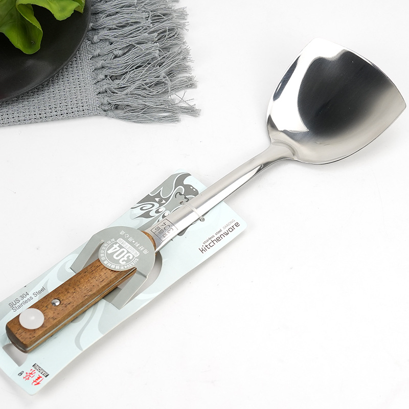 Set de ustensile de bucătărie din oțel inoxidabil 304, mâner din lemn: spatulă, lingură, strecurător, lingură de supă și lingură de servire a orezului